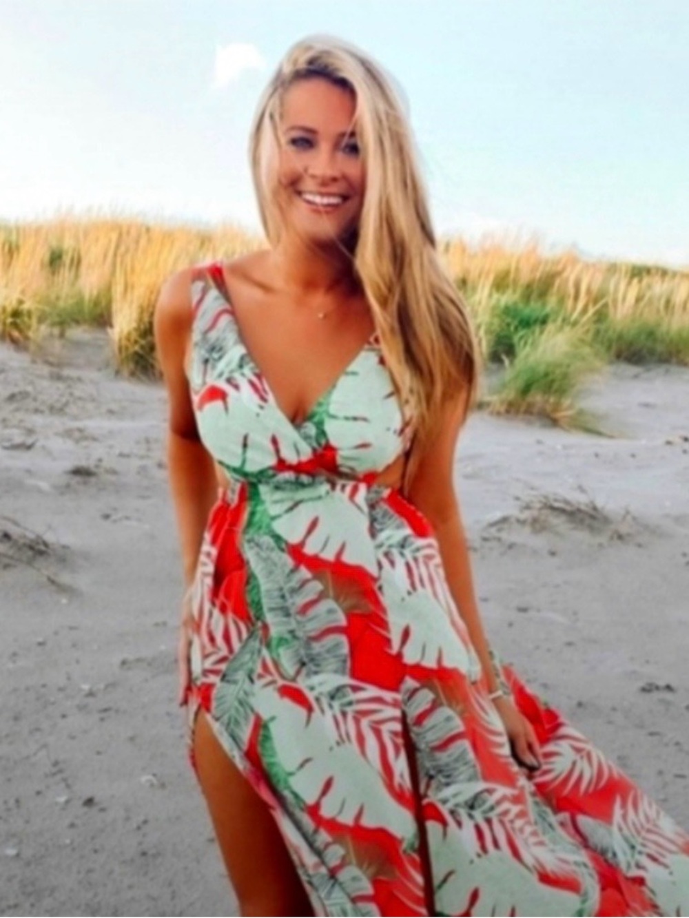 Tropical Leaf Maxi Dress in Red & Mint